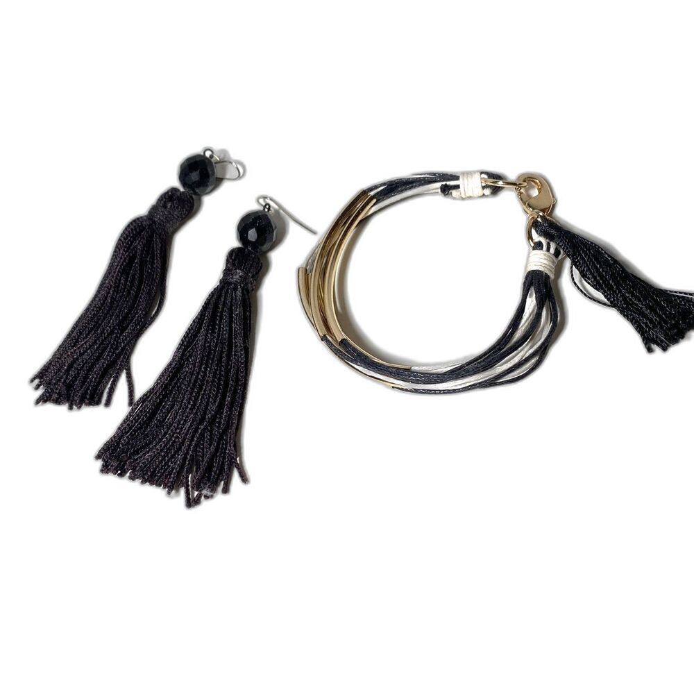 7” Bracelet & 4” Earring Set Black Beaded Tassel Gold Tone Fringe Lobster Clasp